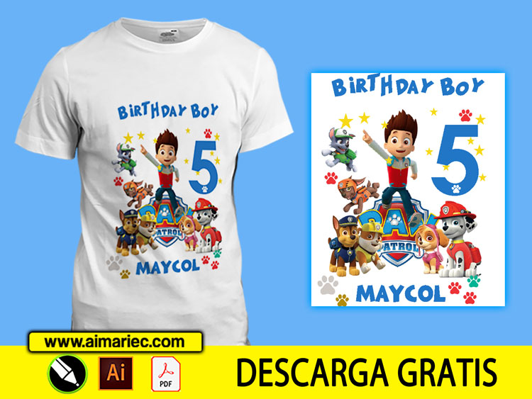 Plantilla para sublimar camiseta de cumpleaños de niño patrulla canina